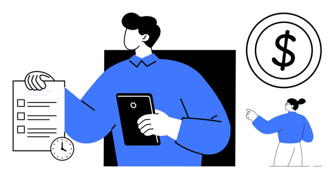 Business professional holding tablet with completed checklist, clock, and large dollar symbol. Ideal for time management, productivity, financial planning, business strategy, efficiency