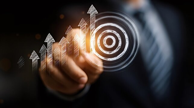 Businessman's hand touching a virtual screen displaying rising arrows signifying business growth and a glowing target icon representing objectives, success, and strategic achievement