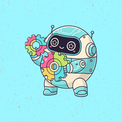 Minimalist cute robot displaying a gear with a happy expression, drawn in a modern flat vector style suitable for playful tech or STEM visuals.