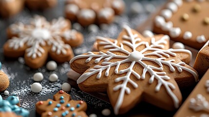 A close-up view of decorated gingerbread cookies shaped like snowflakes and other festive designs, arranged on a dark, textured surface dusted with powdered sug
