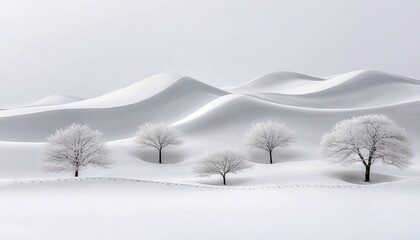 A serene winter landscape featuring several bare trees coated in frost and snow, standing on undulating white dunes. The scene is bathed in soft, diffused light