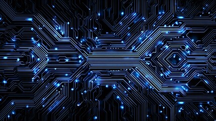 Abstract blue glowing circuit board representing digital data communication, network connections, modern technology, artificial intelligence, and electronic processing in computers