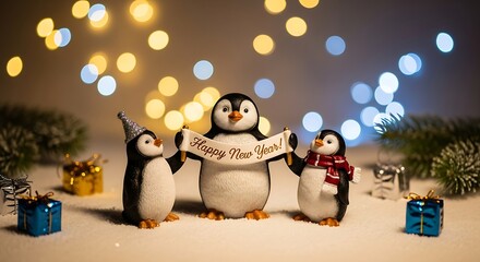 Three adorable penguin figurines holding a happy new year banner with festive bokeh lights and presents
