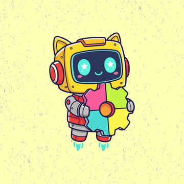 Charming cartoon robot gripping a mechanical gear, created in a clean flat design with bold contours and a fun, modern tech atmosphere.