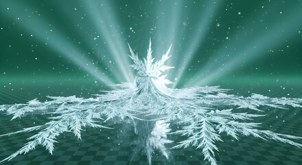 Abstract fractal ice crystal structure with radiant light on a checkered plane in winter scene