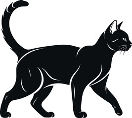 Elegant black silhouette of walking cat with raised tail and white accents, minimalistic feline vector for pet and design themes.
