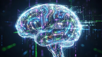 A glowing digital brain surrounded by floating neural data streams and colorful technological lines, representing deep learning, neural networks, and advanced computer intelligence.