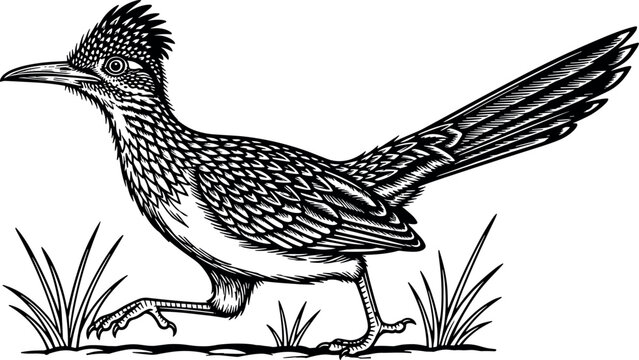 Detailed black and white roadrunner bird illustration in natural habitat, side profile running pose with intricate feather texture and crest.