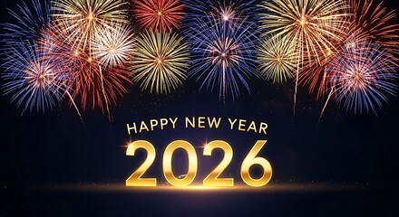 Vibrant and colorful fireworks illuminate the night sky celebrating the arrival of the prosperous new year 2026