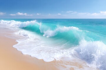 Obraz premium Waves Crashing on the Shore: Capturing the rhythmic dance of the ocean, turquoise waves surge and crash onto a sandy shore under a clear, bright sky.