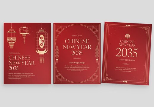 Chinese New Year Poster Flyer Template in Red & Gold with Asian Lantern, Border & Frame Vector