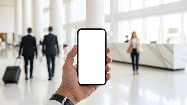 POV Hand Holding Smartphone with Blank White Screen in Hotel Lobby or Airport - Travel App Mockup Concept.