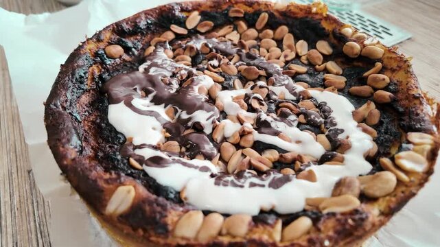 Making homemade chocolate cake. Cottage cheese pie with chocolate. Homemade cake. Glaze on pastries. Pastry Chef making fresh delicious chocolate cakes.