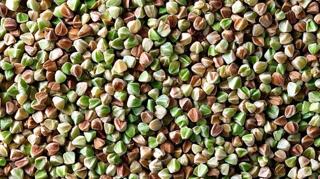 Mixed raw buckwheat groats in green and brown tones, full frame macro texture conveying wholesome, gluten free, plant based grain for healthy cooking, baking, and nutrition - Powered by Adobe