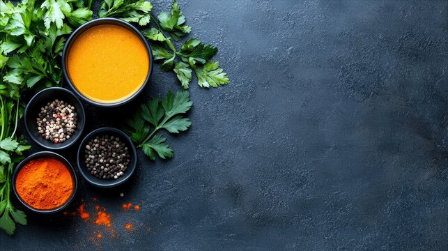 A top-down view of small black bowls filled with spices and fresh green herbs arranged on a dark, textured surface. The bowls contain paprika, peppercorns, and - Powered by Adobe