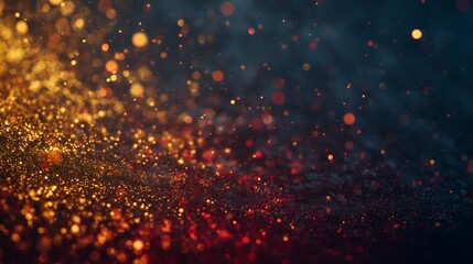 Dark background with gold and red glitter particles and soft bokeh effects. Perfect for new year's banners, invitations, advertising, and premium holiday graphic