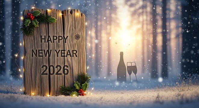 Rustic wooden log with happy new year 2026 message and festive lights in a snowy forest at sunset