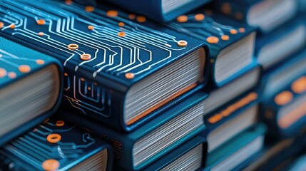 A close-up view of a stack of blue books, each featuring a design resembling a circuit board with white lines and orange circular elements. The lighting is soft