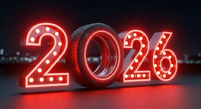 Bright red neon marquee numbers 2026 with a tire replacing the zero symbolizing the new year - Powered by Adobe