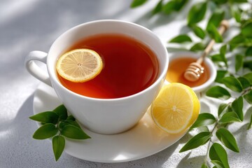 A Cup of Lemon Tea Delight: An inviting cup of tea, with a lemon slice adding a zesty twist, alongside a small bowl of honey and fresh herbs, offering a soothing and flavorful experience.
