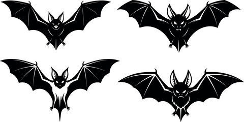 Set of four stylized bat illustrations with expressive faces, ideal for Halloween, gothic themes, spooky decor, and graphic design projects.
