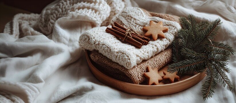 Scandinavian winter holiday flatlay with wooden tray, cookies, pine branches and cozy textures, ideal for lifestyle blogs and warm seasonal visuals.
