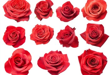 Fototapeta premium Collection of vibrant red roses isolated on a white background