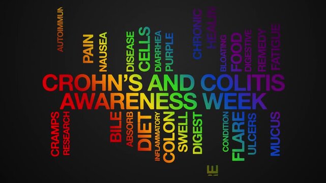 crohn's and colitis awareness week concept Animated Tag Word Cloud kinetic typography, Text Design Animation typography seamless loop video motion graphics Intro, Wordart rainbow type on black bg