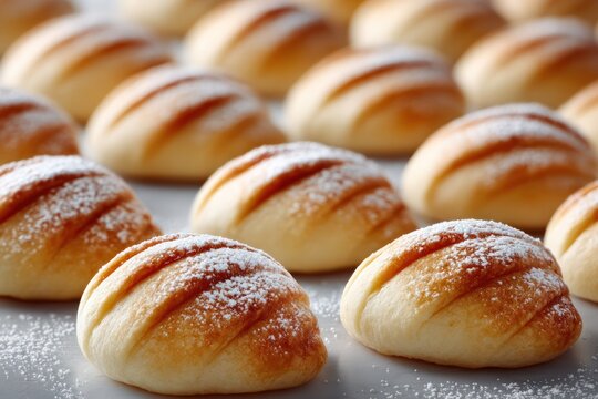 Golden Breads Arrayed: A tempting array of freshly baked, golden-brown breads with delicate, lightly dusted tops, a true feast for the eyes and a promise of delightful flavors.