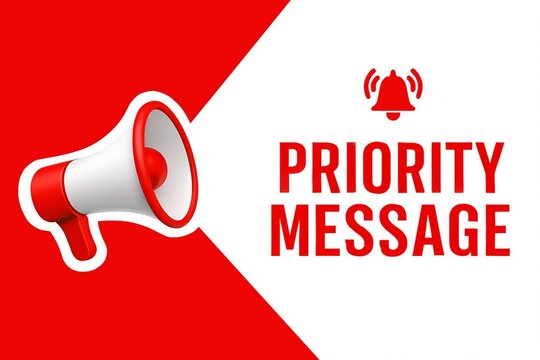 Loudspeaker announcing a priority message with a notification bell symbol on a red and white background