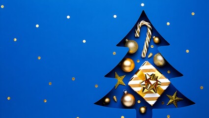 Festive Christmas Tree Silhouette with Golden Decorations and Blue Background