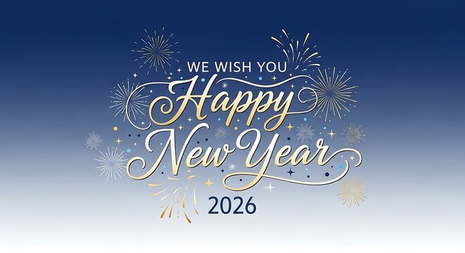 Elegant script typography wishing you a happy new year 2026 with decorative floral elements and subtle bokeh on a blue gradient background