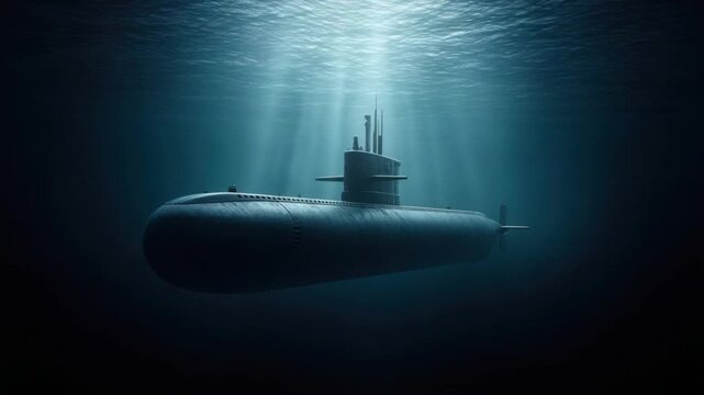 Submarine Gliding Through Deep Ocean Waters Under Rays of Light with Mystical Atmosphere and Tranquil Depths 4k video footage