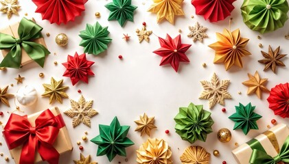 Festive Christmas flat lay with paper star decorations and gift boxes