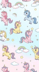 Obraz premium Pastel Unicorns Pattern with Rainbows & Stars: Cute Background Featuring Magical Creatures & Dreamy Elements for Childrens Design & Decor