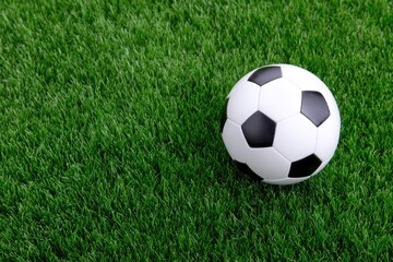 Fototapeta premium Football Resting on the Green: A football rests peacefully on a bed of vibrant green grass, its intricate design contrasting with the simplicity of the field.