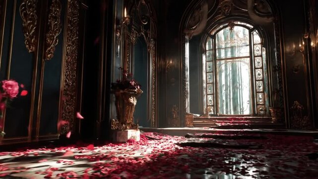 Elegant and Luxurious Grand Hall with Scattered Red Rose Petals on the Floor, Ornate Golden Decorations and Dramatic Lighting, Opulent Interior