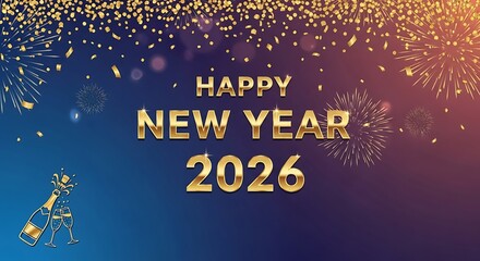 Golden happy new year 2026 text with sparkling confetti and fireworks on a dark blue and orange gradient background