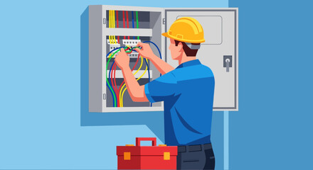 Electrician working on electrical panel with wires and tools, professional installation