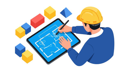 Engineer in hard hat drafting building blueprints on a tablet, surrounded by construction blocks, symbolizing modern architecture, innovation, and project development