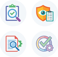 Four colorful security and data protection icons depicting checks shields and analysis on transparent background
