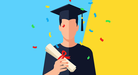 Celebrating academic success, a proud graduate holds their diploma amidst falling confetti, marking a significant milestone in their educational journey and future endeavors