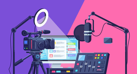 Vector illustration of a home recording studio with professional equipment for vlogging and online broadcasting