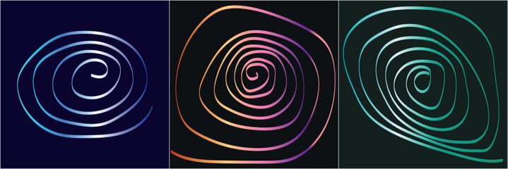 A set of three hand-drawn spirals colored in a gradient of blue, green, and orange-lilac on a dark background
