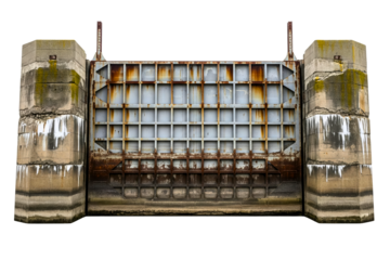 Heavy metal sluice gate with concrete walls and rusty grid structure on a transparent background
