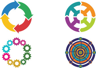 Colorful circular arrow and gear designs showcasing rotation process and connection on transparent background