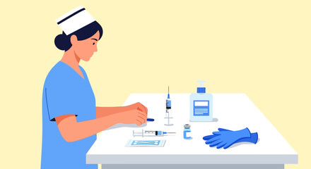 Dedicated healthcare professional meticulously prepares medical supplies, including a vaccine vial and syringe, for essential immunization and patient care