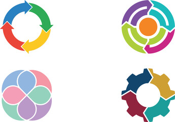 Four colorful circular arrow and shape icons representing dynamic processes and connections on transparent background