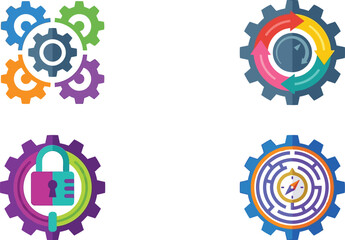 Colorful interlocking gear icons depict technology engineering and problem solving ideal for digital design on transparent background