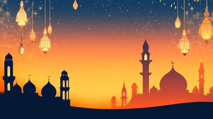 Silhouette of a mosque and minarets against a vibrant sunset sky with hanging lanterns